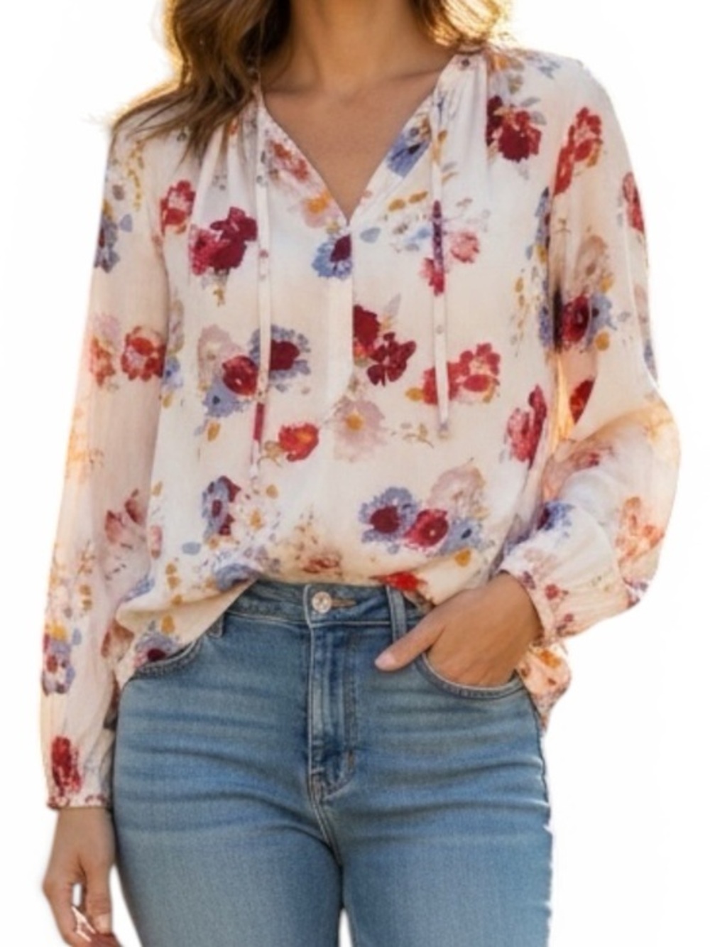 Lucky Brand Red and Blue Long Sleeve Tie/button Front Blouse size large